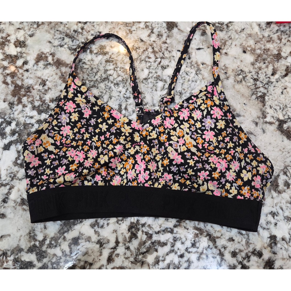 Pink Victoria's Secret Active Floral Sports Bra Black Multi Racerback Small